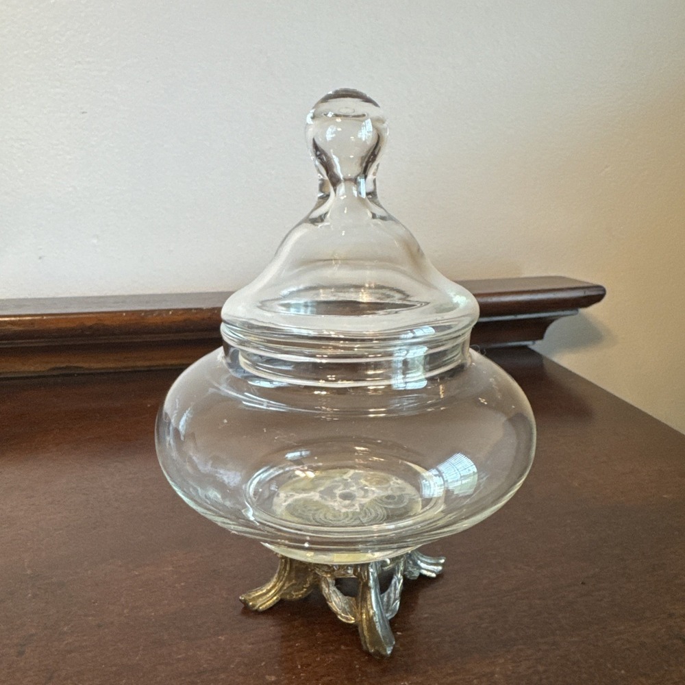 6" Vintage MCM Clear Glass w/ Lid & Metal Base Candy Dish Vanity Keepsake